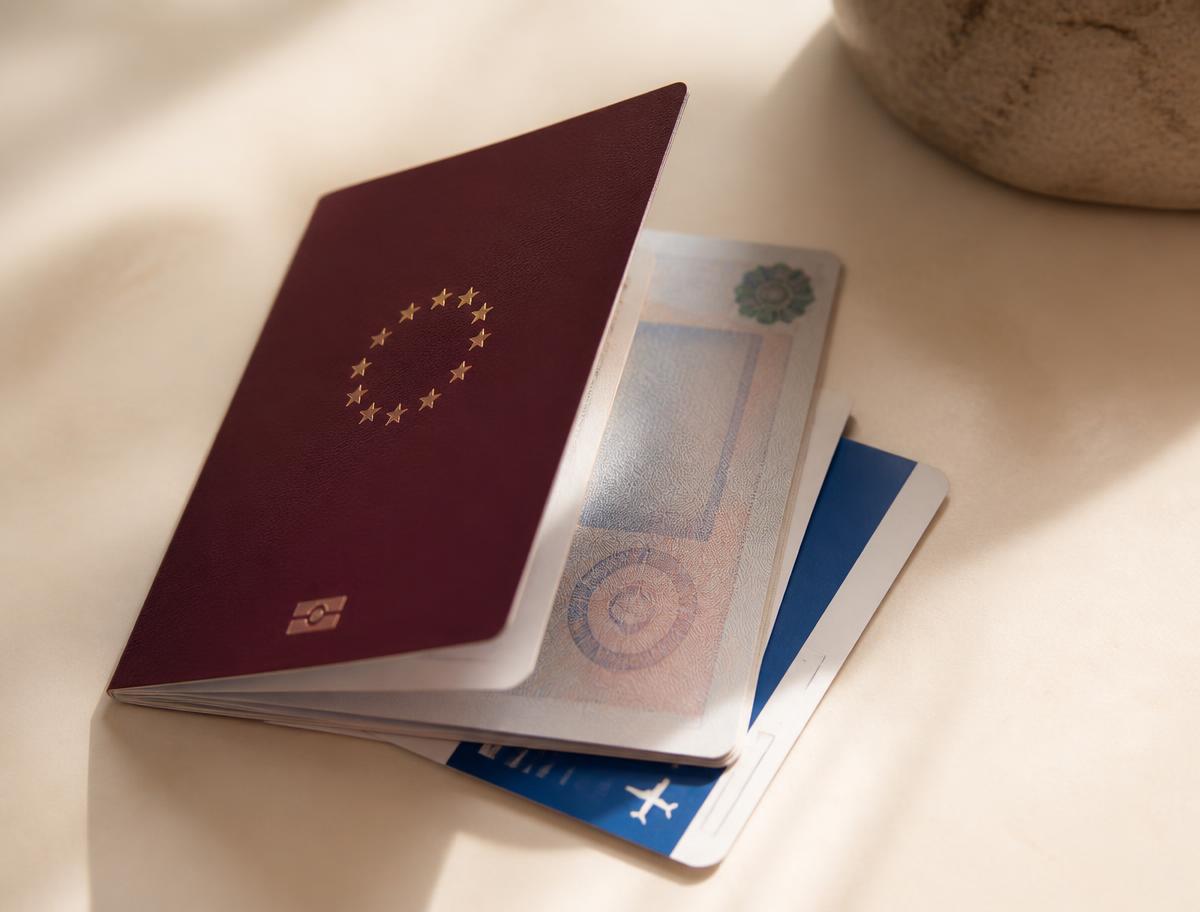 European passport with a work visa and boarding pass