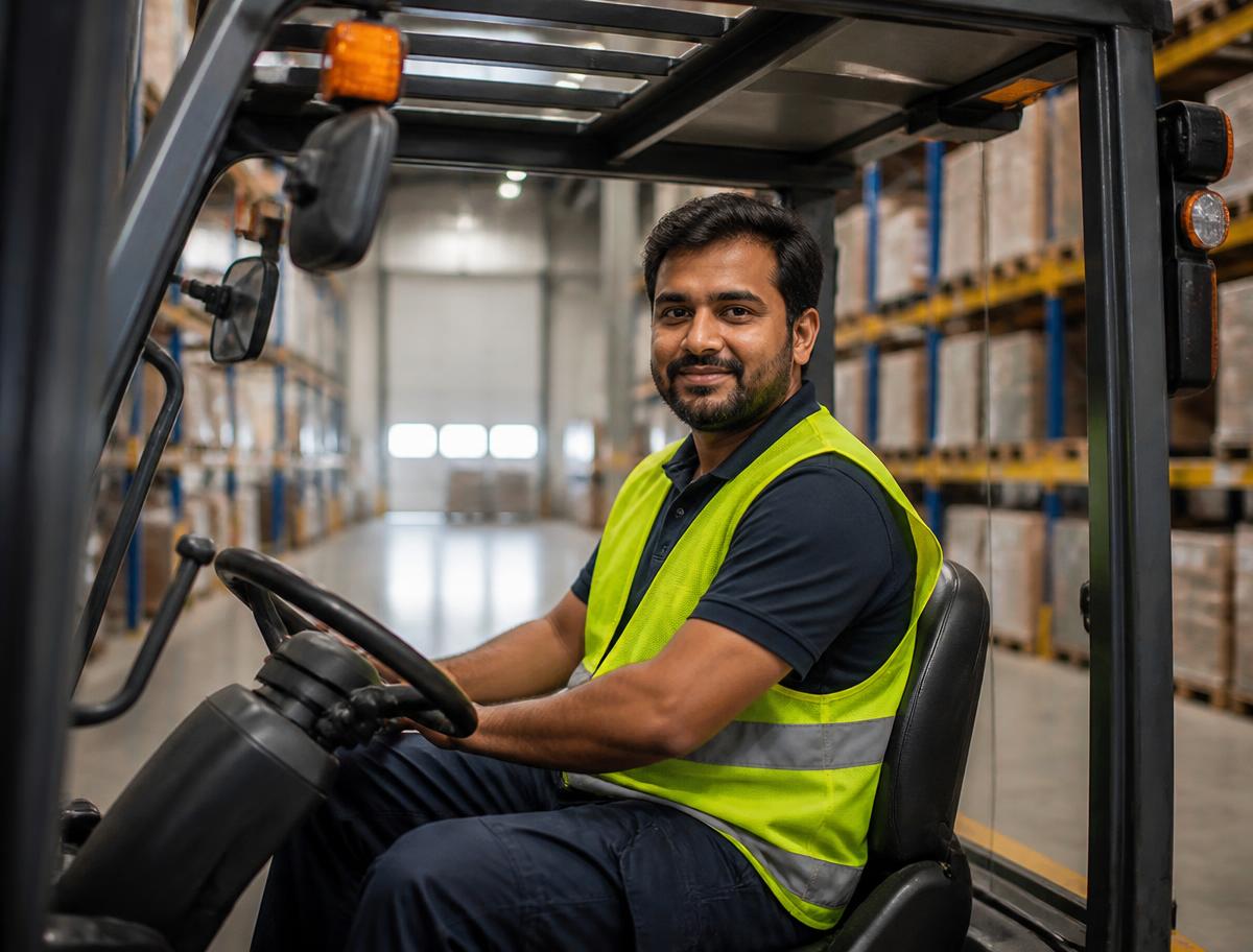 Forklift operator in a European warehouse