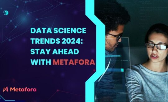 A futuristic graphic showcasing Data Science trends for 2024, with AI, edge computing, and ethical data handling prominently highlighted.