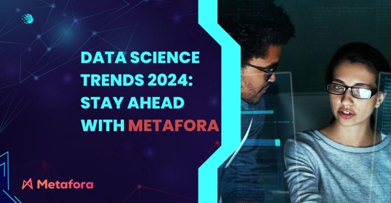 A futuristic graphic showcasing Data Science trends for 2024, with AI, edge computing, and ethical data handling prominently highlighted.