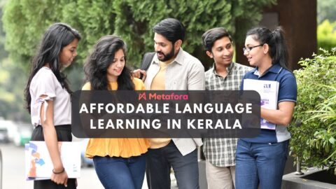 A vibrant classroom scene featuring students learning German and preparing for IELTS with a professional tutor in Thrissur.