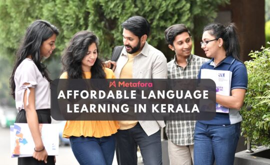 A vibrant classroom scene featuring students learning German and preparing for IELTS with a professional tutor in Thrissur.