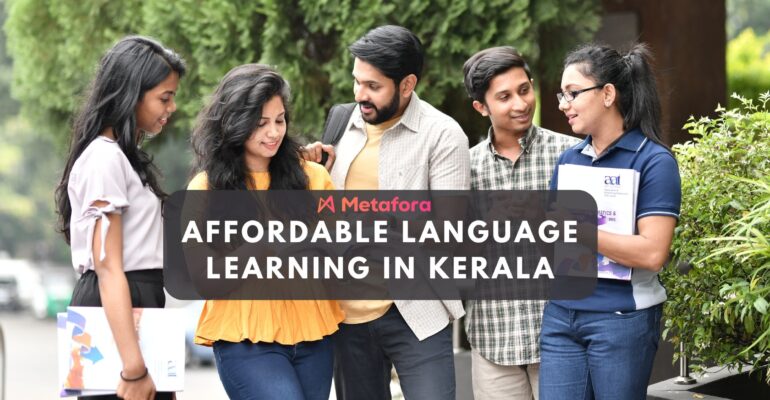 A vibrant classroom scene featuring students learning German and preparing for IELTS with a professional tutor in Thrissur.